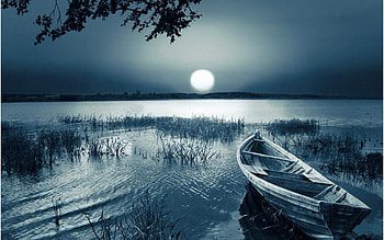 Water, Nature, Grass, Moon, Shine, Light, Darkness, Boat, Slope, Disk, Basin, Incline HD wallpaper