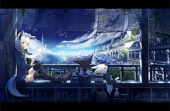 Neko House, art, kitsune, house, girl, cat, fox, indoor, scenery, orginal, neko, fantasy HD wallpaper