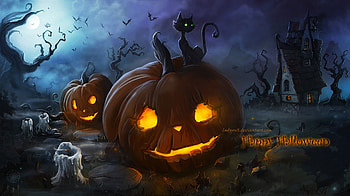 spooky halloween, cat, candles, halloween, night, house, bats HD wallpaper