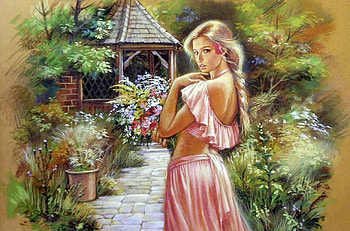 Colorful garden, colorful, garden, girl, beautiful, beauty, painting, flower, fields, nature, lovely HD wallpaper