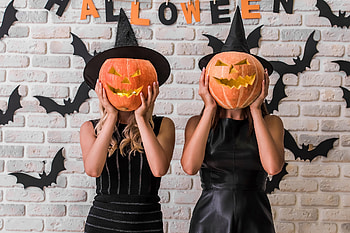 Happy Halloween!, halloween, black, couple, pumpkin, card, funny, girl, orange HD wallpaper