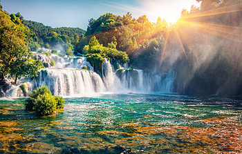 falling waters, falls, river, trees, sun, croatia, forest HD wallpaper