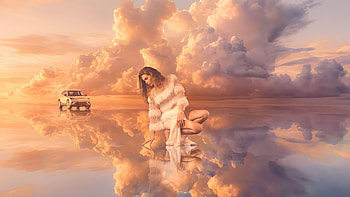 Woman In Golden Cloud Paradise, girl, car, sky, clouds, cloud, artist, artwork, art, digital-art HD wallpaper