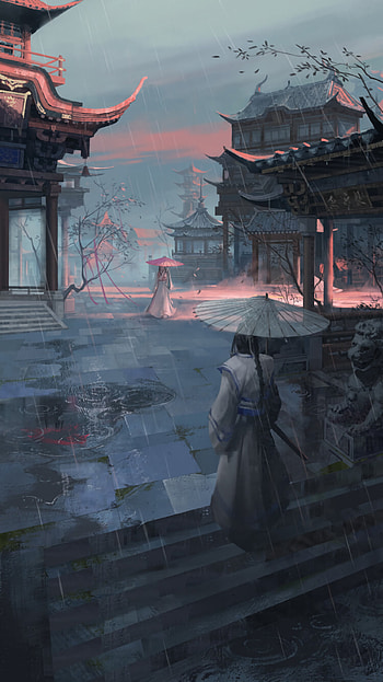 Girls, Art, Rain, Pagoda, Japan, Umbrellas, Pagodas HD phone wallpaper
