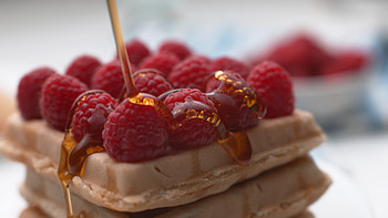 Syrup on waffles, Berries and sweetness, Slow-motion video, Tempting treat HD wallpaper