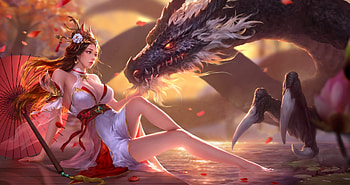 Girl and dragon, superb, frumusete, fantasy, gorgeous, dragon, luminos, girl, ringo h HD wallpaper