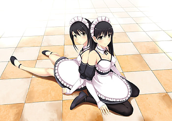 Maid Break, Anime Girl, Anime Friends, Yellow Eyes, Friends, Anime, Black Hair, Smile, Black Stockings, Anime Maid, Maid Outfit, Blushing, Long Hair, Big Eyes HD wallpaper