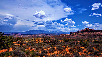 Moab, UT desert, and mountains (peep snow on mountain peaks), hills, clouds, landscape, sky, usa HD wallpaper