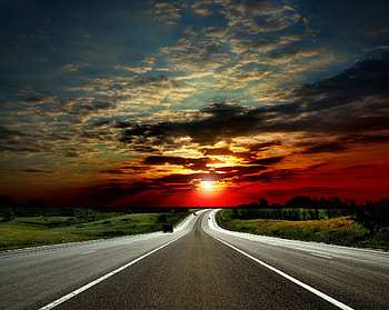Sunset Road, landscape, clouds, colors, sky, sun HD wallpaper