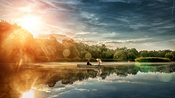 Lake, two, boat, color, love, sky, nature, sunset HD wallpaper
