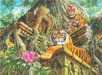Tigers, tiger, art, painting, pictura, ruins, tigru, jungle HD wallpaper