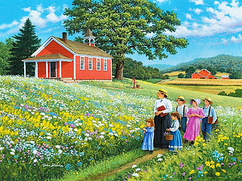 Field Trip, barn, children, painting, trees, flowers, church, countryside, woman HD wallpaper