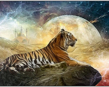 TIGER, majestic, profile, planet, fantasy, art, castle HD wallpaper