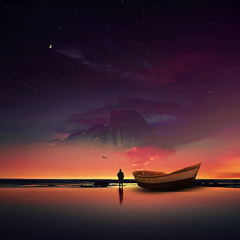 Night, Shore, Bank, Dark, Silhouette, Ocean, Starry Sky, Boat, hop HD phone wallpaper