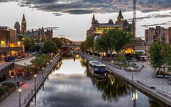 Ottawa, Canada, twilight, boat, canal, lights, Canada, Ottawa, houses HD wallpaper