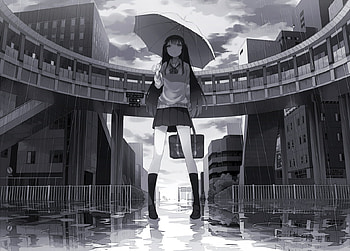 Building, Anime, Original, Bridge, Long Hair, Rain, Reflection, Sky, Umbrella HD wallpaper