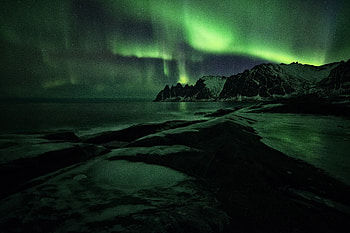 Landscape, aurora borealis, night, green lights, sky HD wallpaper