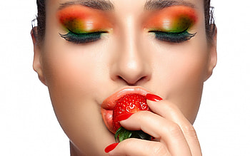 Strawberry red, strawberry, model, girl, hand, woman, make-up, red, face, fruit HD wallpaper