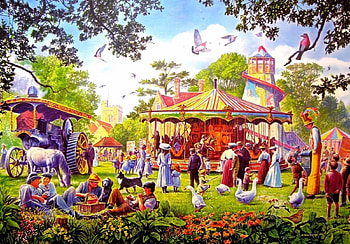 THE COUNTRY FAYRE, artwork, summer, painting, trees, people, carousel HD wallpaper
