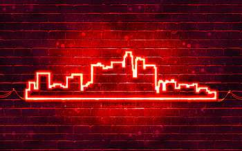 Los Angeles red neon silhouette, , red neon lights, Los Angeles skyline silhouette, red brickwall, american cities, neon skyline silhouettes, USA, Los Angeles silhouette, Los Angeles HD wallpaper