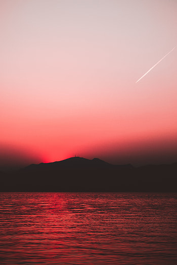 Sunset, red sky, sunset, nature, hill, lake HD phone wallpaper