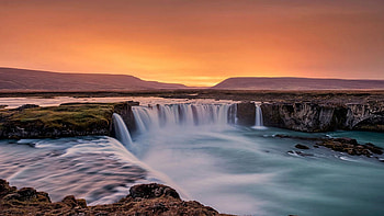 Sunset at Godafoss waterfall, Iceland, rocks, cascade, river, colors, landscape, sky HD wallpaper