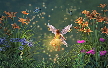 Little fairy, needcaffine, wings, girl, mini, orange, little, fairy, summer, pink, creative, mouse, butterfly, fantasy, flower, green, vara HD wallpaper