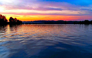 Sunset Over Bridge, blue, boat, fishing, orange, lake, louisiana, purple, pink, boating, bridge, cypress HD wallpaper