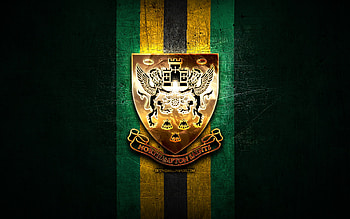 Northampton Saints, golden logo, Premiership Rugby, green metal background, english rugby club, Northampton Saints logo, rugby HD wallpaper
