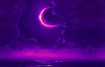 Eclipse, blue, sea, purple, pink, waves, moon, fantasy, view, luna, sky, water, ocean, cloud HD wallpaper
