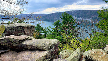 Devil's Lake State Park, Wisconsin, trees, clouds, sky, forest, rocks, mountains, usa HD wallpaper