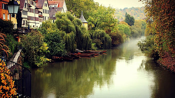 lovely riverside town in germany, river, fog, town, boats, trees HD wallpaper