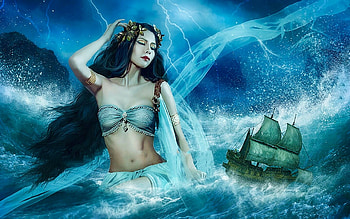 Calypso, Veil, sea, mermaid, ship, beautiful, Fantasy, storm, ocean HD wallpaper