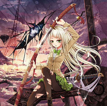 Katana, nekomimi, blond hair, emotional, blonde, long hair, sinister, blonde hair, cloud, female, blond, sword, neko mimi, girl, blade, anime girl, neko, anime, serious, ears, sky HD wallpaper
