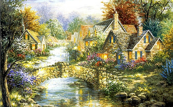 beautiful scenery, art, nature, paintings, houses, rivers HD wallpaper