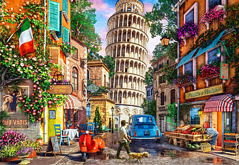 Pisa, Italy, artwork, digital, city, tower, cars, people, houses, flag HD wallpaper