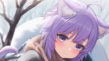 Purple Hair Eyes Neko Ears Anime Girl Anime Girl HD wallpaper