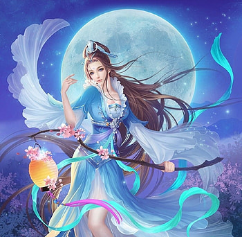 Fantasy girl, night, frumusete, moon, fantasy, luna, luminos, lantern, girl HD wallpaper