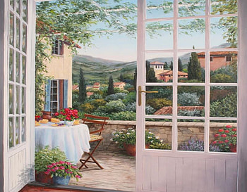 Branch Overlooking Bonnieux, chair, table, hills, doors, houses, brances, pitcher, trees, window panes, flowers, cloth, trellis, pots HD wallpaper