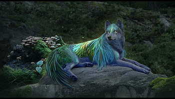 Fantasy wolf, blue, animal, xxnamaste, fantasy, green, peacock, wolf, lup HD wallpaper