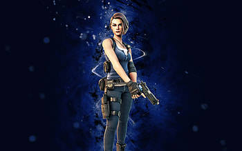 Raccoon City Jill Valentine, , blue neon lights, Fortnite Battle Royale, Fortnite characters, Raccoon City Jill Valentine Skin, Fortnite, Raccoon City Jill Valentine Fortnite HD wallpaper