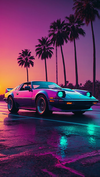 Cinematic 80s Retro Synthwave Car under Neon Sunset, Retrowave, Sports Car HD phone wallpaper
