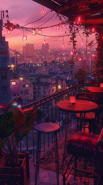 Lofi City Twilight, lofi, city, cityscape, balcony HD phone wallpaper