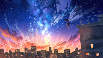 Anime Girl Enjoying dom, anime-girl, jump, fall, sky, clouds, buildings, building, artist, artwork, art, digital-art, ai, pixiv HD wallpaper