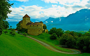 Awesome View, blue, awesome, greenery, view, road, grass, castle, mountains HD wallpaper