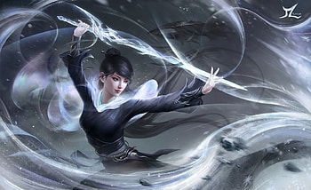 Fighter, black, white, satan, art, fantasy, sword, girl HD wallpaper