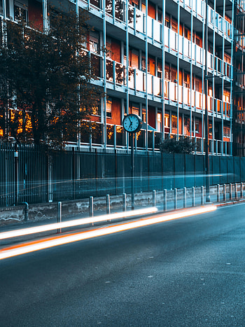 Clock, Building, Miscellanea, Miscellaneous, Road, Long Exposure, Glow HD phone wallpaper