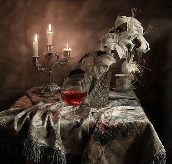 flowers,candles and wine, still life, candles, flowers, wine HD wallpaper