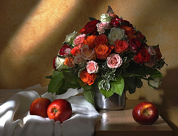 Still Life-Roses-, still life, apples, flowers, roses HD wallpaper