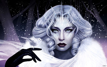 Snow Queen, winter, blue, white, black, bird, girl, fantasy, iarna, face, luminos HD wallpaper